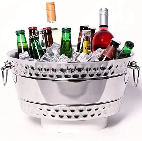 Hammered Stainless-Steel Beverage Tub Double-Walled Insulated Anchored Bolt Drink Tub & Ice Bucket with Double Hinged Handles