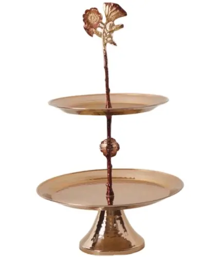 Copper Antique Cherry Blossom Flowers Serving Metal Cake Stand 2 Tier Luxury Serving Cake Stand