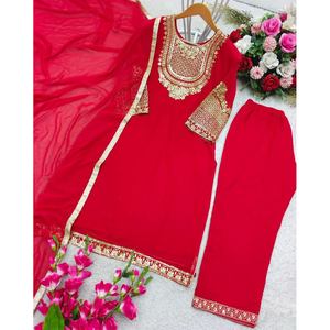 FASHIONABLE GEORGETTE EMBROIDERY SEQUENCE WORK TOP <strong>BOTTOM</strong> WITH DUPATTA RED - Product Image 4
