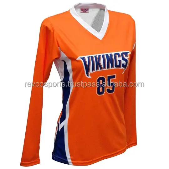 Jersey de voleibol naranja sublimado nombre del equipo personalizado camisetas de juego de voleibol de manga larga precio barato camisetas de práctica de voleibol