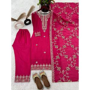 LATEST CHINON EMBROIDERY SEQUENCE WORK TOP <strong>BOTTOM</strong> WITH DUPATTA PINK - Product Image 5