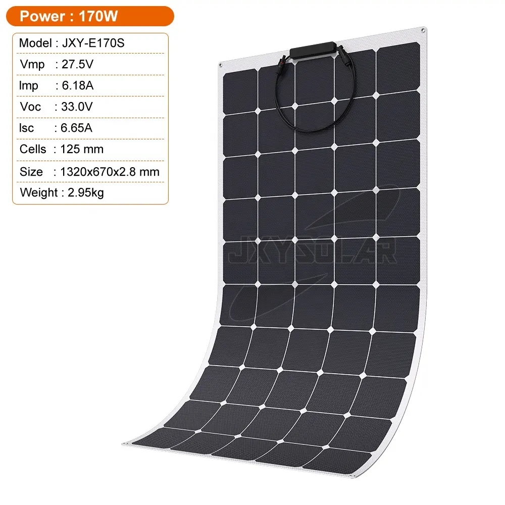 แผงโซลาร์เซลล์แบบกึ่งยืดหยุ่น170W 27.5V ETFE สเปรย์พ่นเกลือกันแดดทนทานต่อการกัดกร่อนสำหรับรถยนต์ทะเล RVs campervans yachts