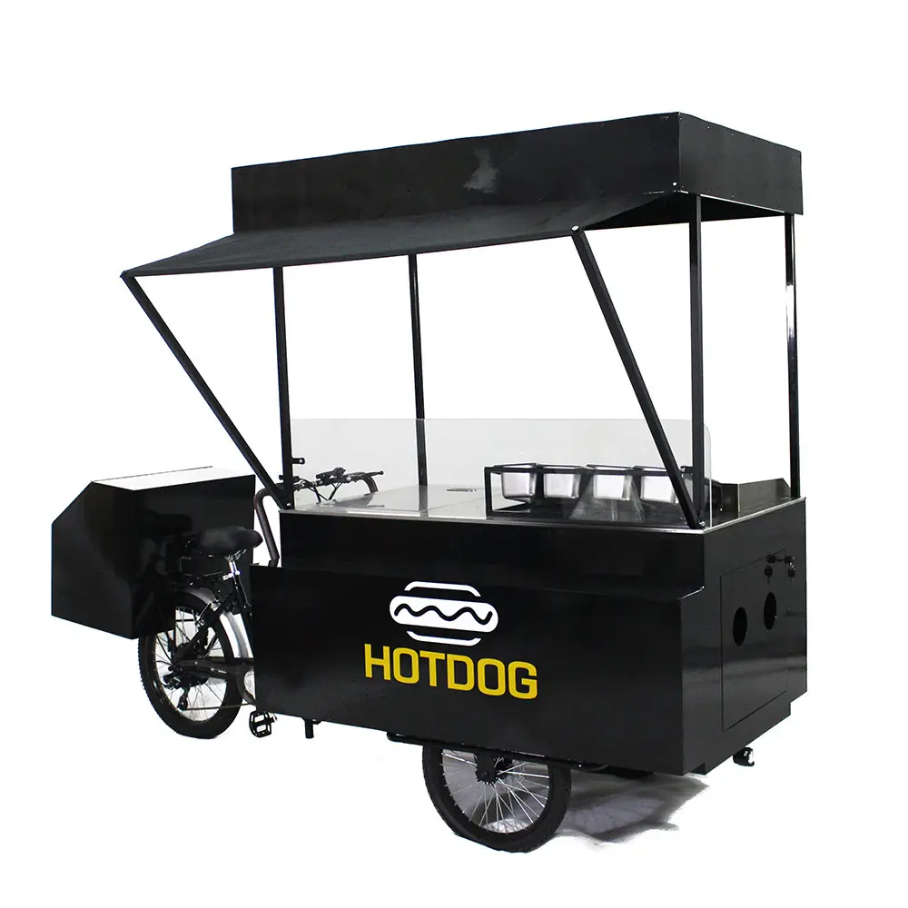 500W motore a caricamento frontale triciclo carrelli per hot dog bici per hot dog con griglia e friggitrice food truck