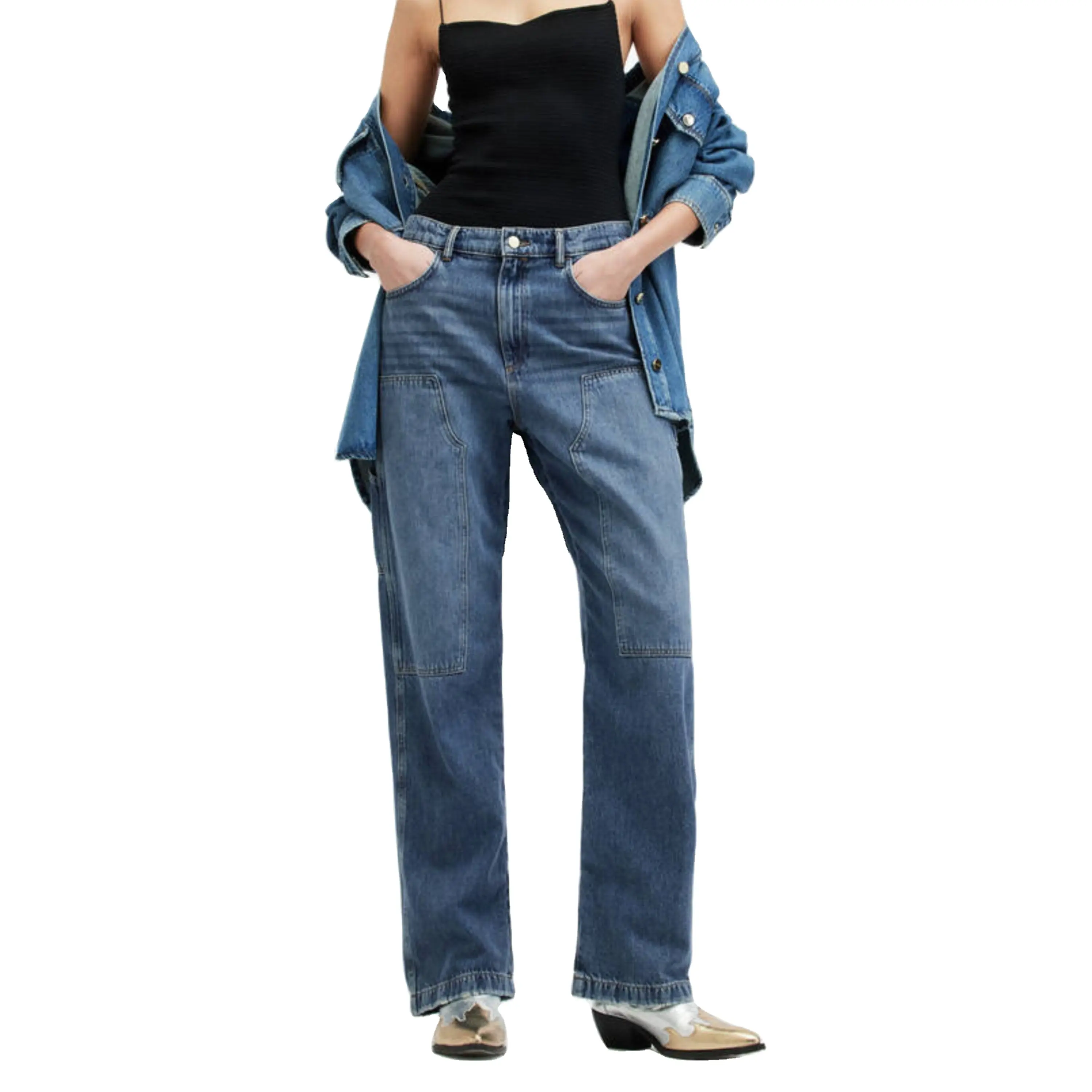 Venta al por mayor pantalones OEM personalizados mujeres Jeans de cintura alta pantalones pitillo acampanados Jeans