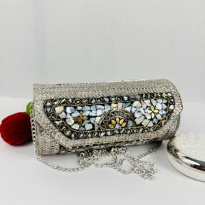 Handmade Modern Boho Ethnic Mother Pearl Mosaic Colorful <strong>Inlay</strong> Polished Sculpture Handmade Metal Cylindrical Clutch Bag Evening - Product Image 4