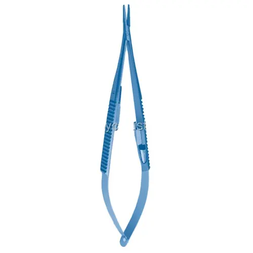 Castroviejo Micro Spring Needle Holders With Lock Curved titanium Blue Color Micro Needle Holder Titanium CodedTungsten Carbide