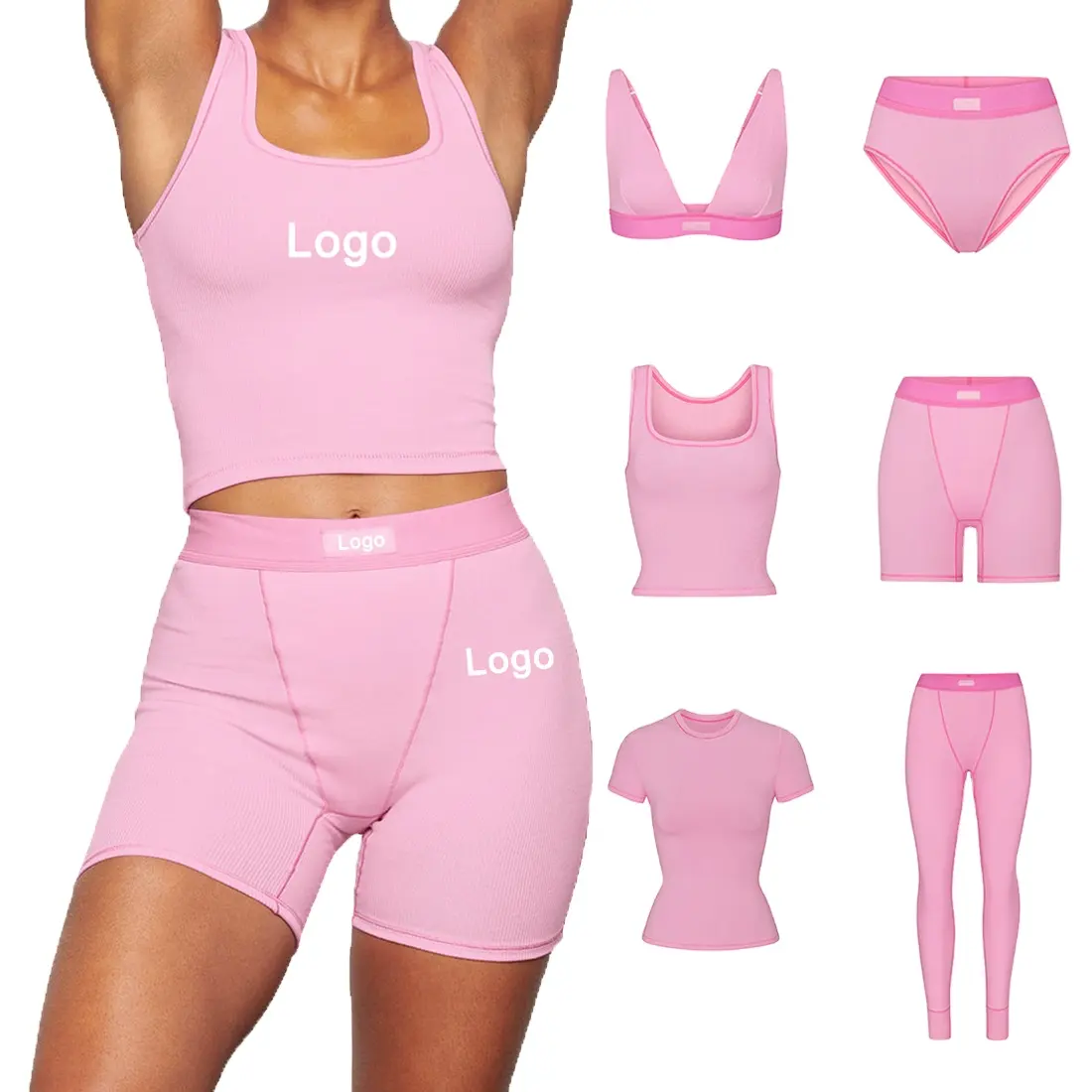 Últimos modelos Verão 2023 Logotipo personalizado Cor Skinny Ribbed Camisa e Shorts Set mulheres Leggings para mulheres Skim Loungewear Mulheres's