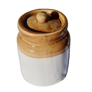 Seramik küçük mini taş eşya kavanoz depolama servis turşu, tuz, baharat, tahıl vintage hint görünümlü kapaklı ve sırlı - Product Image 1