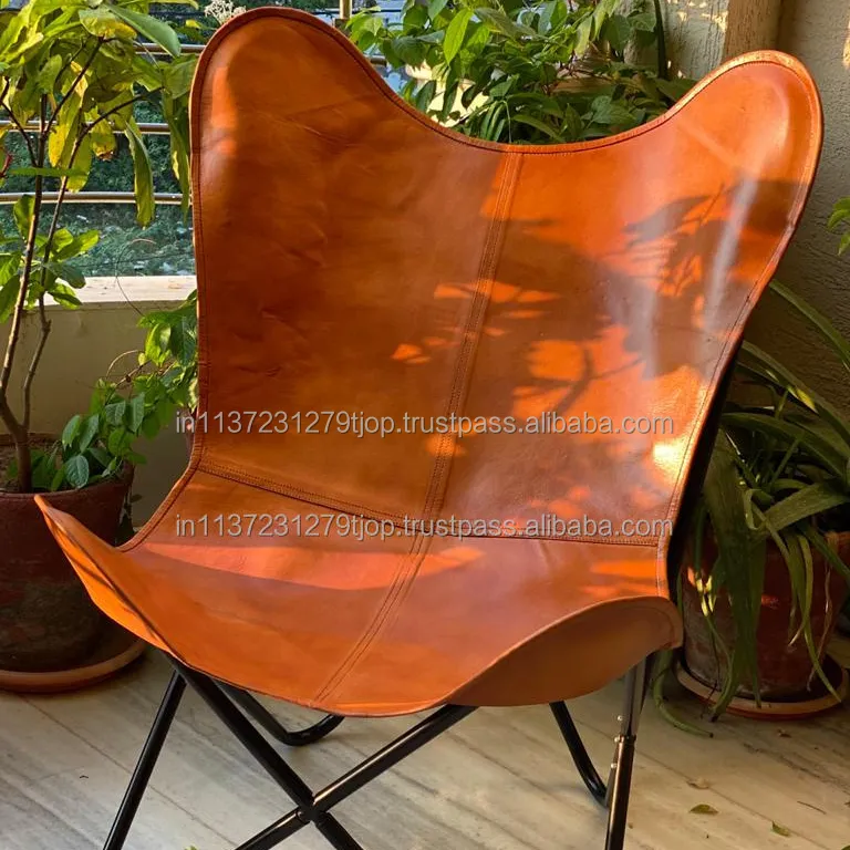 빈티지 진짜 가죽 나비 의자 수제 장식 의자 편안한 식당 의자