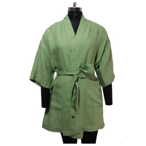 Green Linen <strong>Kimono</strong> Robe Classic Style With Customized Logo Plus Size XL for Winter and Summer Nights Low MOQ Bathrobe - Product Image 1