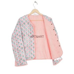 Bohemian Vintage Quilted <strong>Jacket</strong>, Hand Block Print <strong>Jacket</strong> for Women's Short Coat for Stripe Piping <strong>Jacket</strong>, Button Closure Kimono - Product Image 1