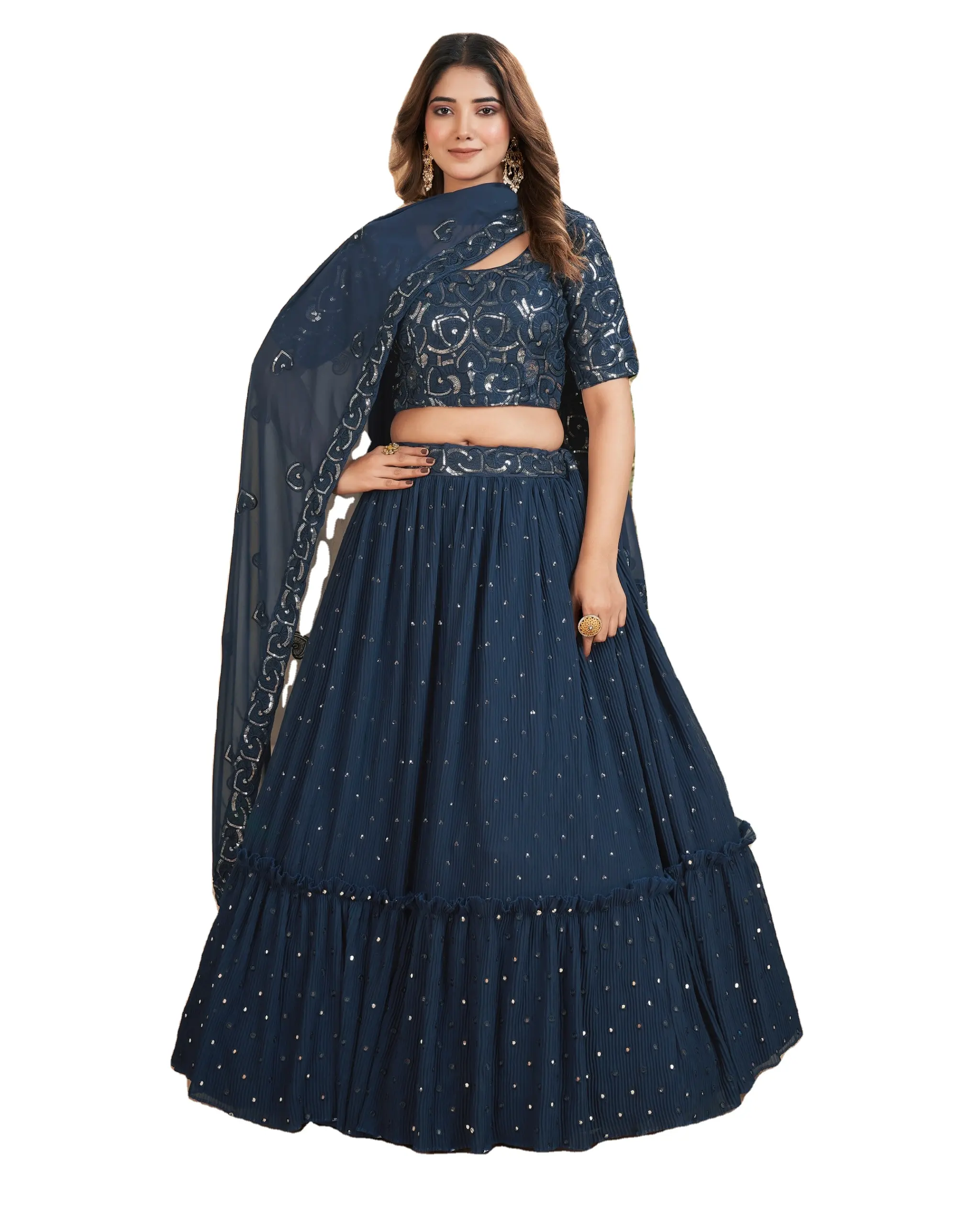 Traditionele Lehenga Choli Collectie Voor Dameskleding Semi-Steek Designer Lehenga Met On-Stitch Blouse Fabrikant Van India