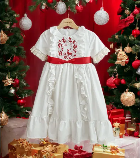 ชุดเดรสวินเทจสำหรับเด็กผู้หญิงชุดเดรสสีขาวแขนสั้นลายดอกไม้สีแดงชุดเดรสหิมะสไตล์ใหม่สำหรับฤดูหนาว