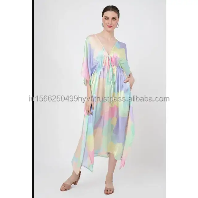 Digital Print Long Pure Silk Satin Kaftan Hot Selling beach Kaftan Dress plus size dress resort wear