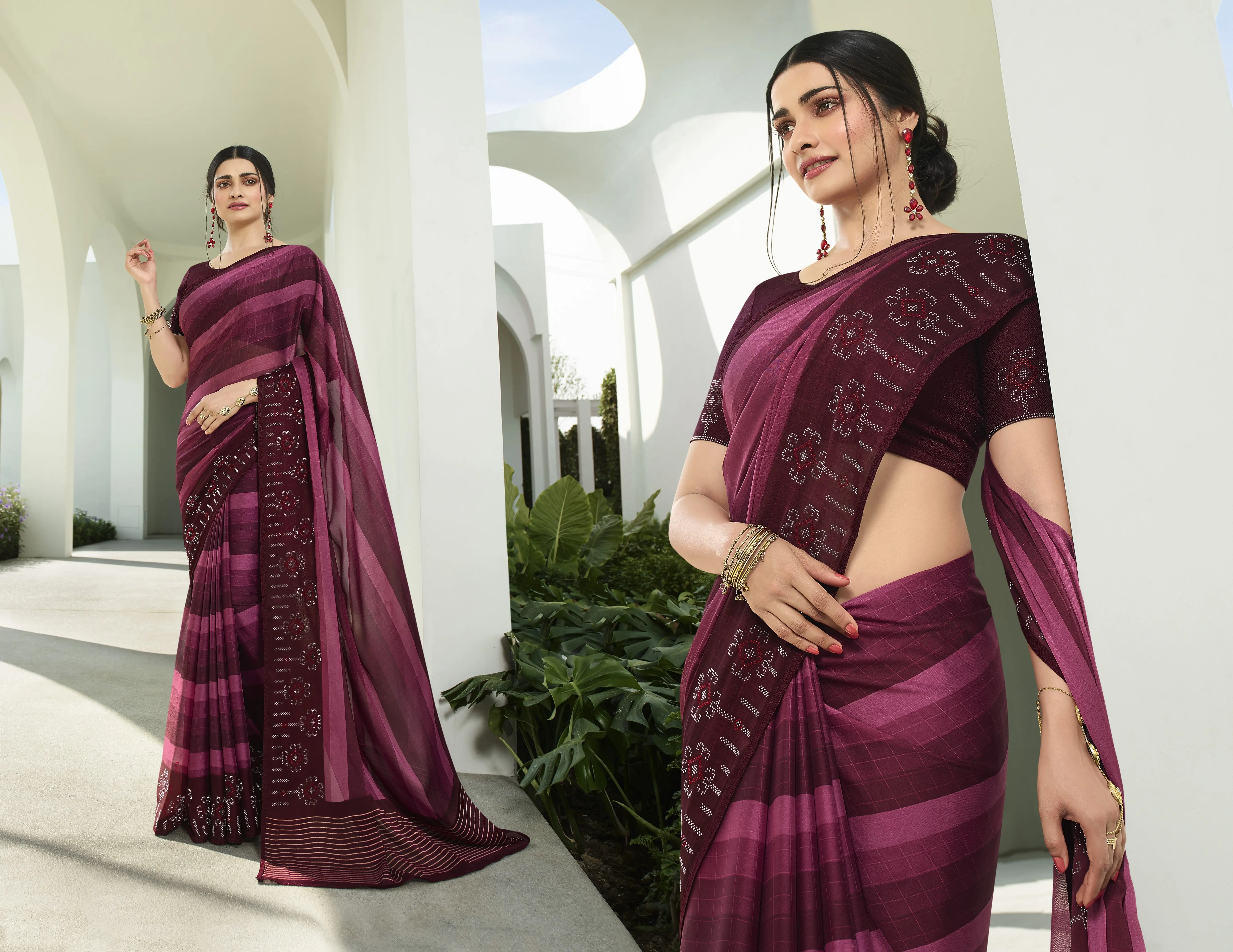 Roxo Impresso Pedra Embelezada Bollywood Sari Desgaste Do Partido Designer Saree Vichitra Seda Venda Quente Fantasia Trending Designer