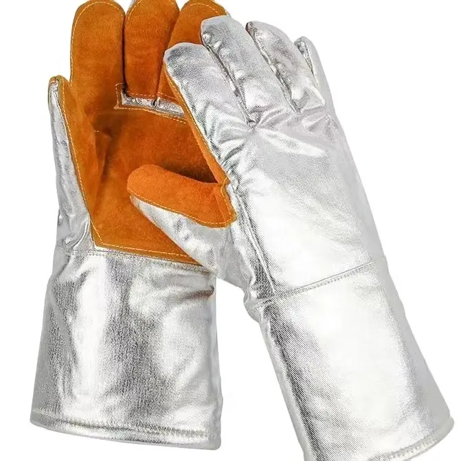 Guantes de lucha contra incendios de cuero partido De Vaca aluminizado de alta temperatura Seguridad industrial Soldadores DE TRABAJO resistentes al calor Guantes largos