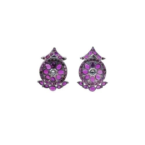 Cativante Cubic Zirconia Ruby Stone Studded Floral Motif Oxidised Silver Girls Stud Earrings como Presente em Casamentos no Atacado