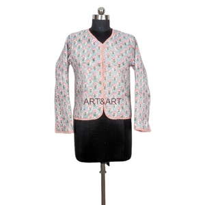 Bohemian Vintage Quilted <strong>Jacket</strong>, Hand Block Print <strong>Jacket</strong> for Women's Short Coat for Stripe Piping <strong>Jacket</strong>, Button Closure Kimono - Product Image 3