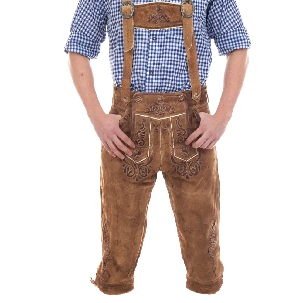 Nouveau cuir de daim de peau de vache pour hommes Lederhosen bavarois brodé sur mesure avec short à bretelles assorti