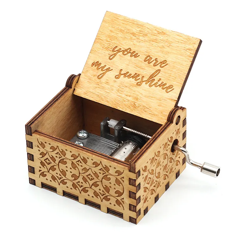 Wood Laser Engraved Vintage Hand Cranked Cute Music Boxes Best Unique Gifts for Valentine's Thanksgiving Day Birthday Christmas