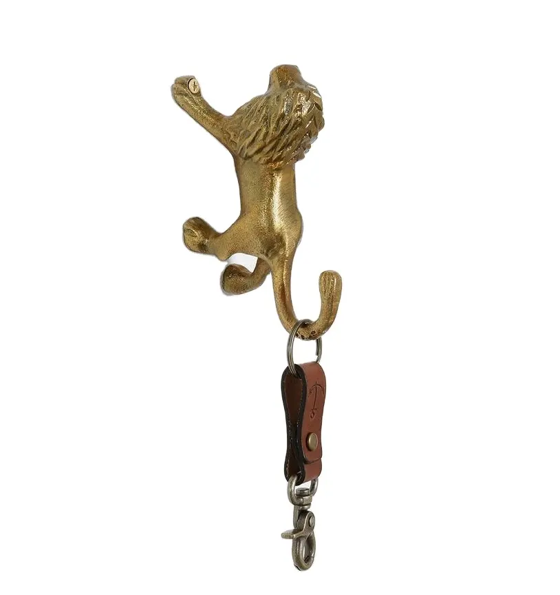 Gancho de metal para colgar la llave del león con acabado dorado de aluminio fundido, artículo de decoración de pared a precio mayorista