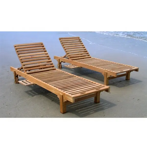 Chaise longue d'extérieur en bois de teck, meuble de piscine, banc de chaise de plage, design plat, retiré et installé à nouveau 2