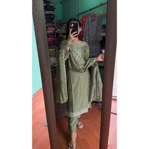 LATEST CHINON SILK EMBROIDERY WORK TOP <strong>BOTTOM</strong> WITH DUPATTA GREEN - Product Image 1
