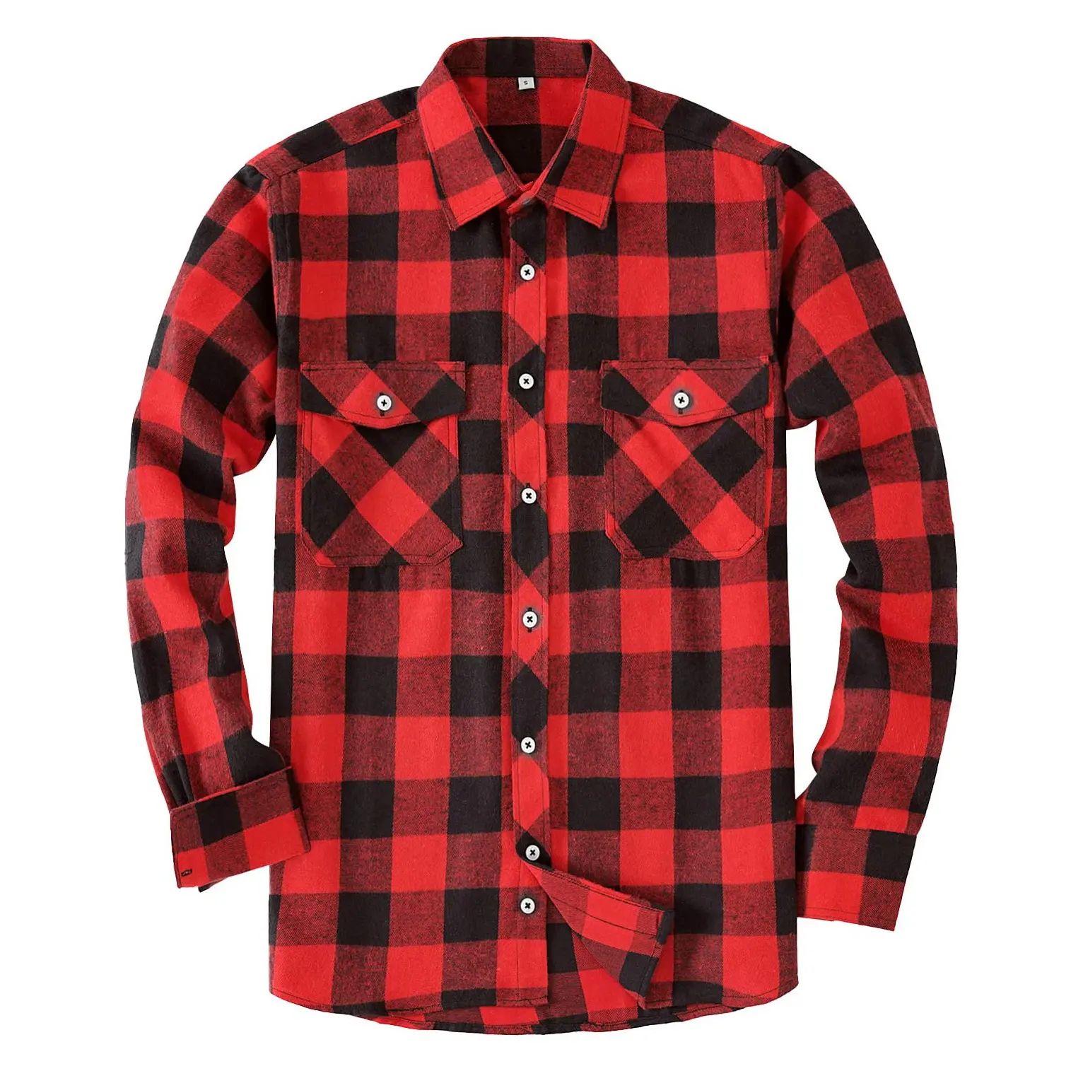 2023 Custom Logo Men's 100% Cotton Black Red Retro Button Down Long Sleeves Vacation Regular Fit Casual Flannel Plaid Shirt
