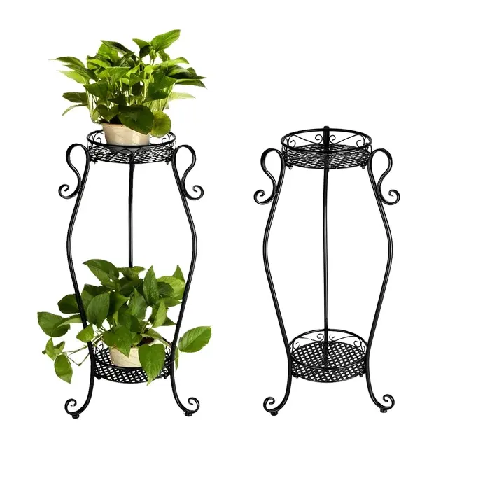 Durable Quality Wrought Iron Stand Decorative 2 Tier Planter Pot Stand Home Indoor Decoration Luxury Planter Pots In Black