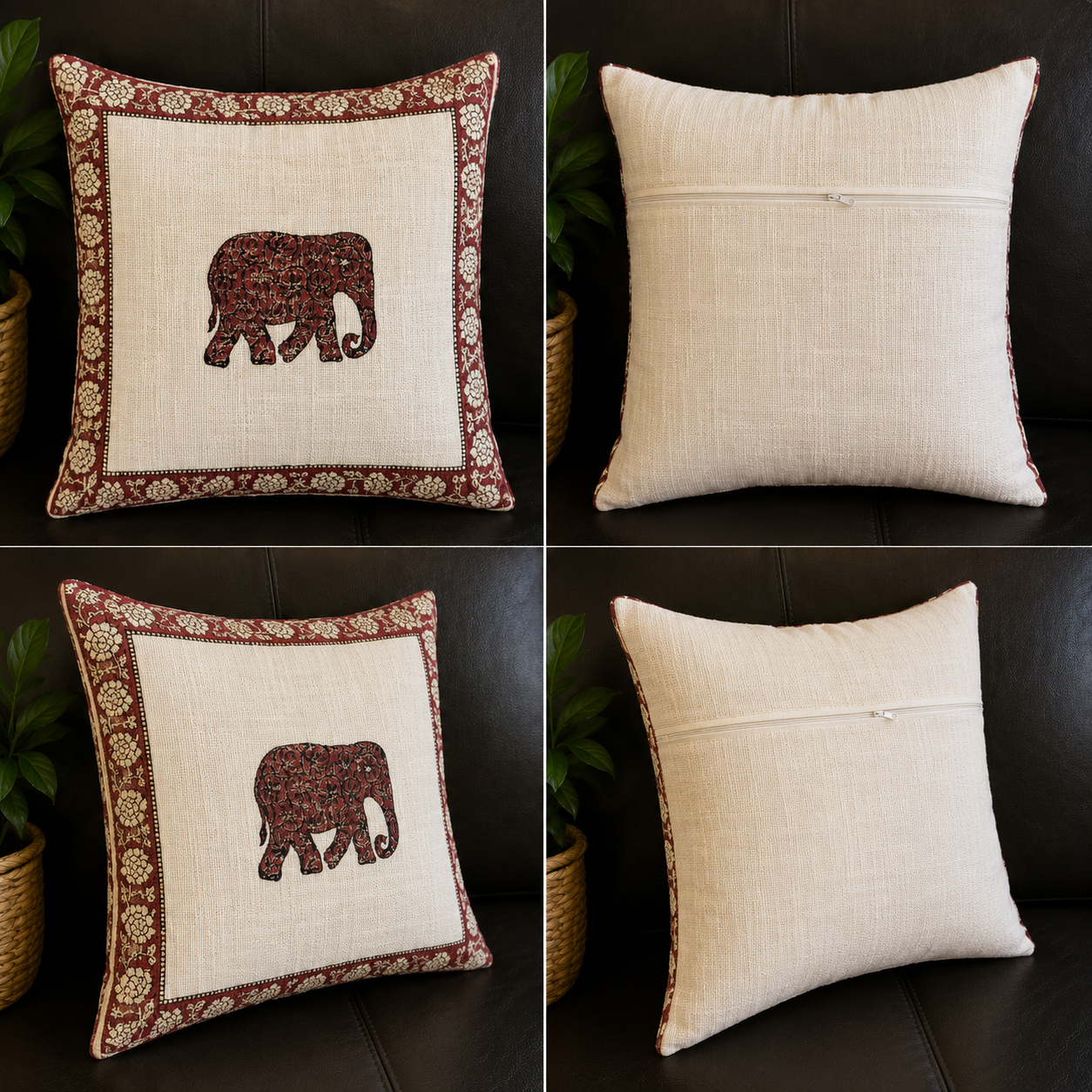 Natural Beige with Burgundy Red Border