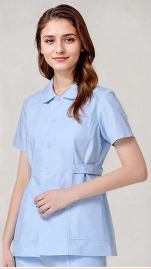 Top bleu manches courtes col claudine + pantalon