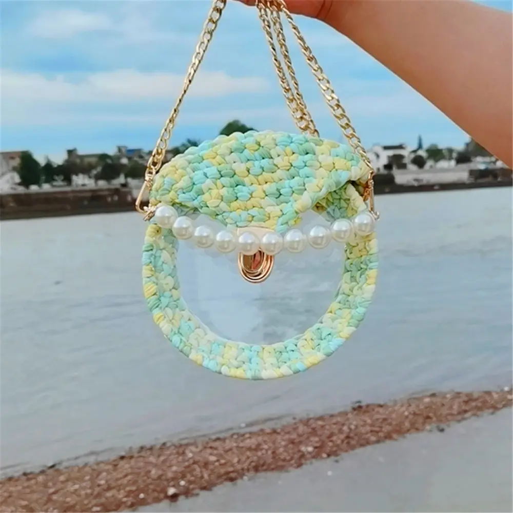 2022 Round French Woven Straw Bag Sac Paille Tas Jerami Fashion Girl Transparent Chain Pearl Buckle Pvc Straw Bag