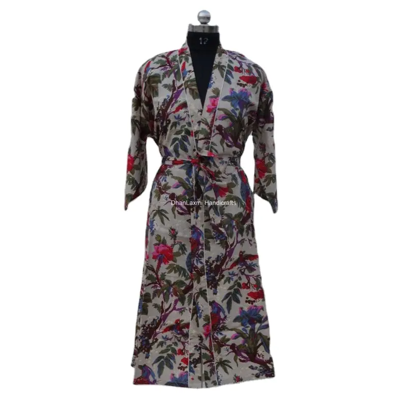 Gray Indian Birds Hand Block Print Hippie & Bohemian Style Maxi Women's Nighty Wholesale Sleepwear Indian Long Robe Gown Kimono