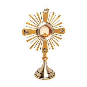Mat ve nikel kaplama bitirme ile pirinç Monstrance yuvarlak şekil kabartmalı tasarım kırmızı boncuk kakma ile ekran için yüksek kalite - Product Image 3