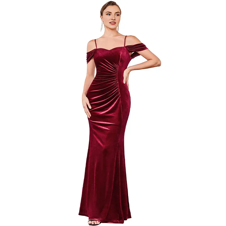 Sexy ombro frio Spaghetti Straps Sweetheart Backless plissado Red Mermaid Maxi Velvet Vestido de noite formal