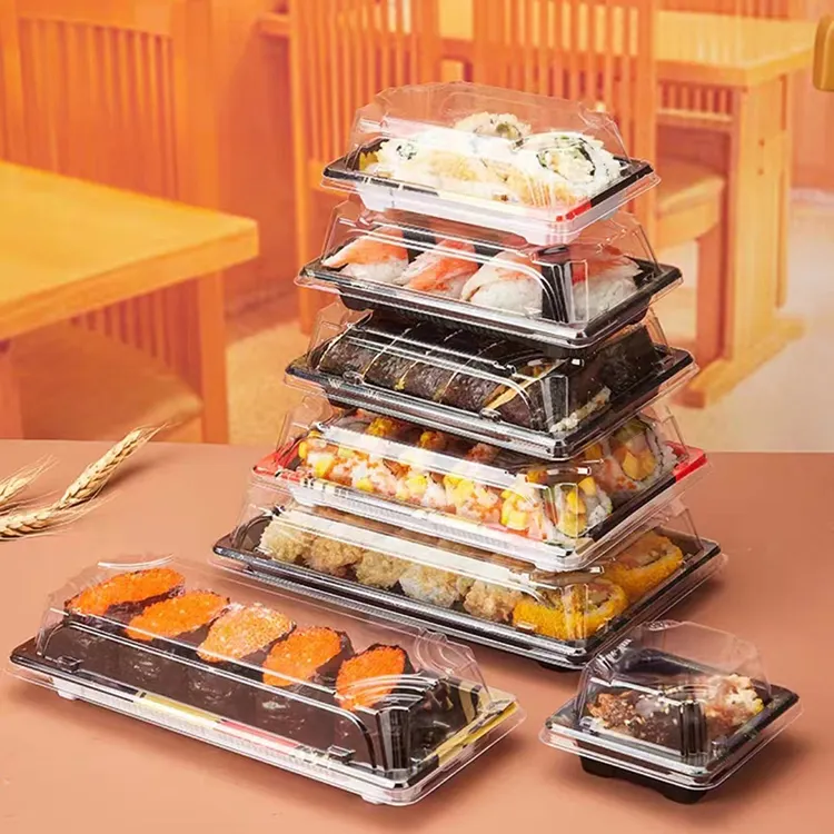 Piatti monouso in plastica per Sushi con coperchi trasparenti-contenitori rettangolari per l'imballaggio di Sushi