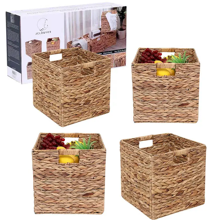 Aufbewahrung körbe Wicker Cube Baskets Faltbare hand gewebte Wasser hyazinthe Wäsche Organizer Box mit Griff