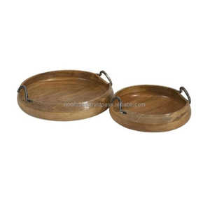 Modern European Luxury Living Room Display Serving <strong>Trays</strong> Round Acacia Wood and <strong>Gold</strong> with Elegant <strong>Pattern</strong> for Tea Serving - Product Image 1