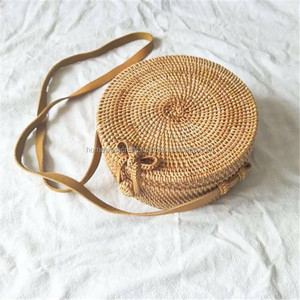 Vietnam-Rattan <strong>Bag</strong> With Embroidery Beading Chains Feathers Natural Style Button String Closure for Travel Round Shape - Product Image 1