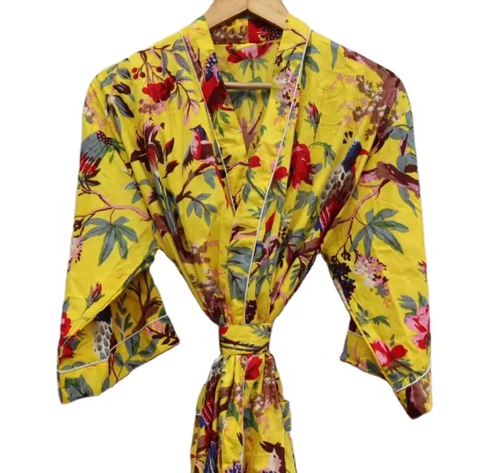 2023 Trendy Cotton Hand Block Print Night Sleep Wear Dress For Women Long Kimono Robe Tunic Ethnic Kimono Robes Wholesale Orders