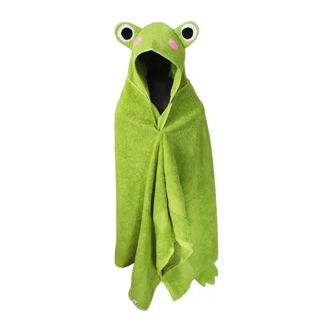 顧客の要求に応じてカスタマイズされた子供のための卸売価格で販売されている緑色のカエルの頭のフード付きポンチョタオル