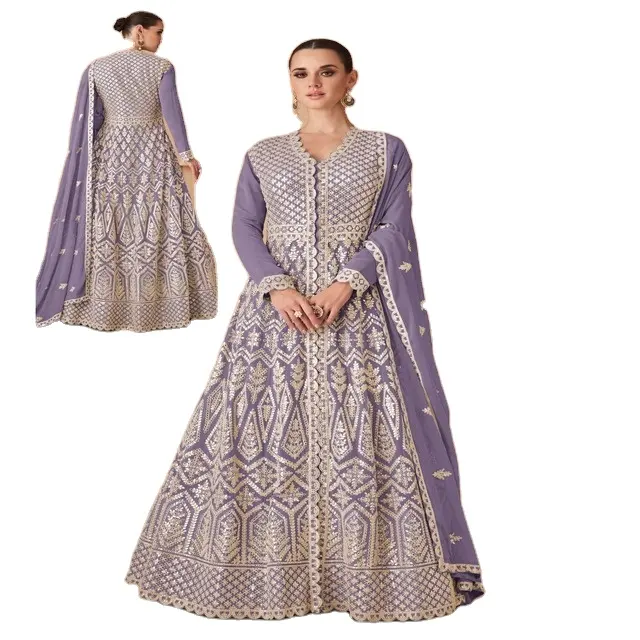 Abbigliamento da sposa da donna con scollo a V in vera Georgette tessuto ricamato abito lungo con Dupatta all'ingrosso esportatore di tasso India
