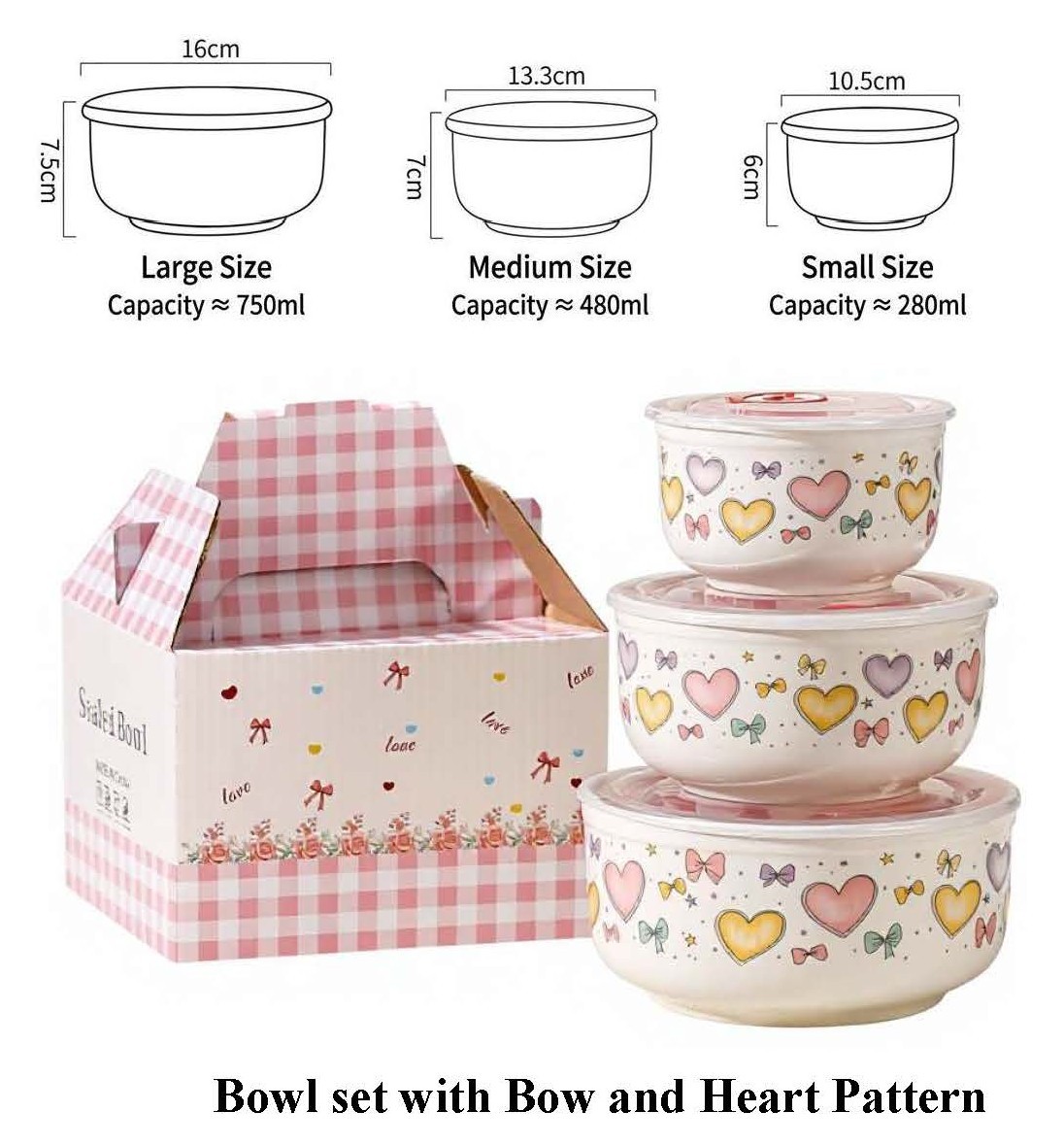 3 size bowls set pink heart pattern