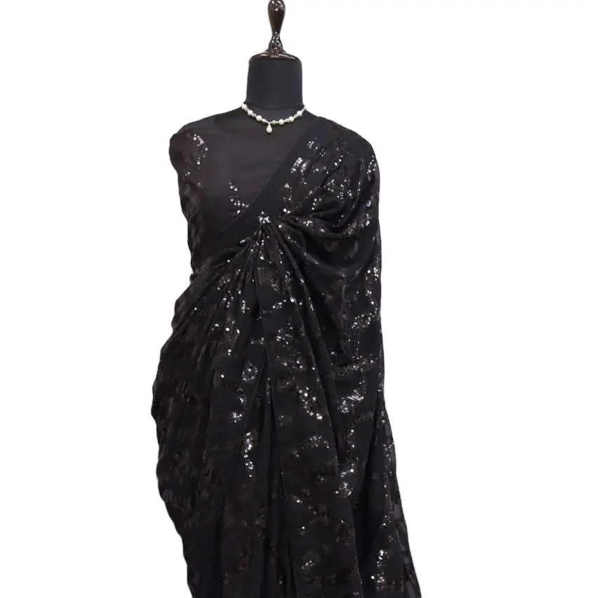 Black Colored Shining Glitter Work Fancy Work Designer Party Wear Sequence Work Sari With Fancy Blouse