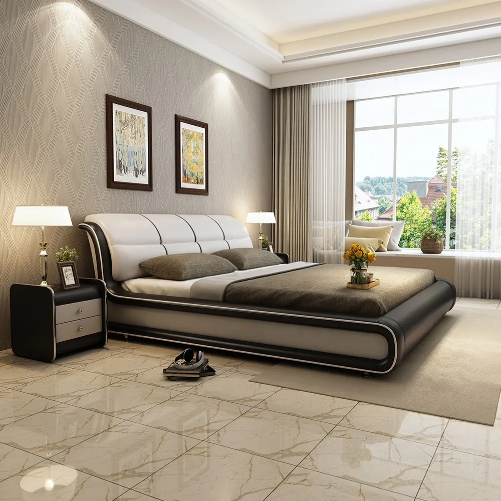 الحديثة نمط مزدوجة السرير فندق الملكة الجلود إطار خشبي سرير منجّد تصميم صديقة للبيئة دائم