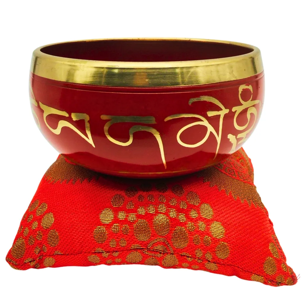 Messingsängeschüssel in Rot (4 Zoll Durchmesser) - Om Mani Padme Hum und Buddhafiguren für tiefe Schallheilung