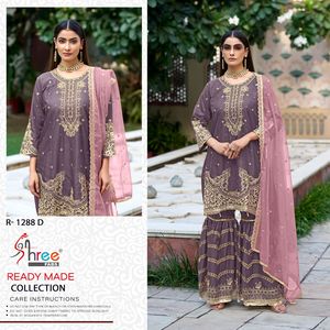 Organza Gharara Set With Boring &amp; Kasak Khatli Work, Embroidered Organza Dupatta With Lace, and Front-Back Work Sharara Bottom - Product Image 2