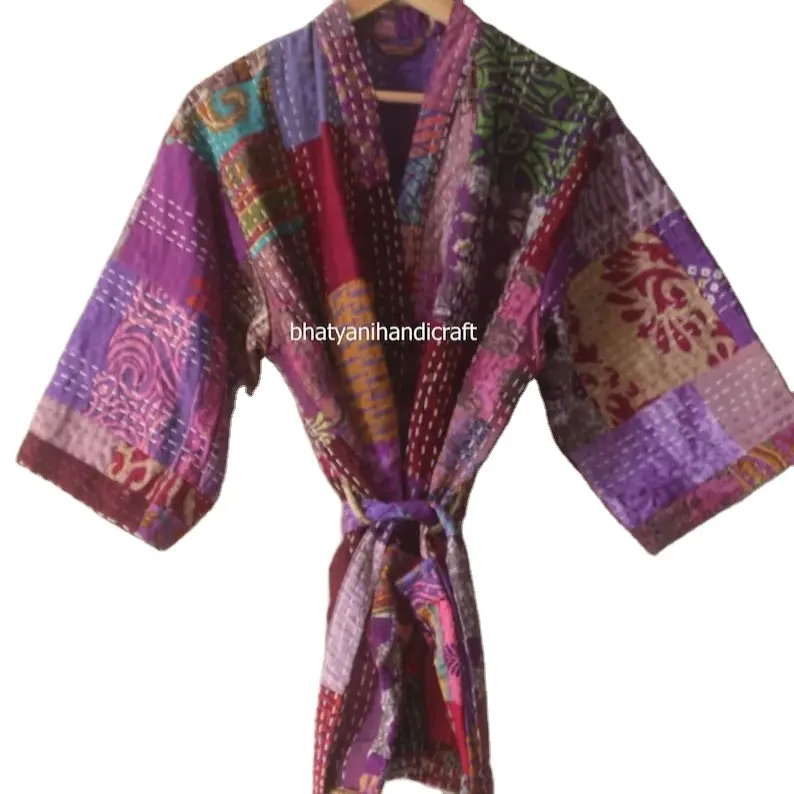 Soie Kantha Patchwork Imprimer Plage Robe Kimono Courte Ethnique Femmes Porter Peignoir Veste Maxi Robe Manteaux