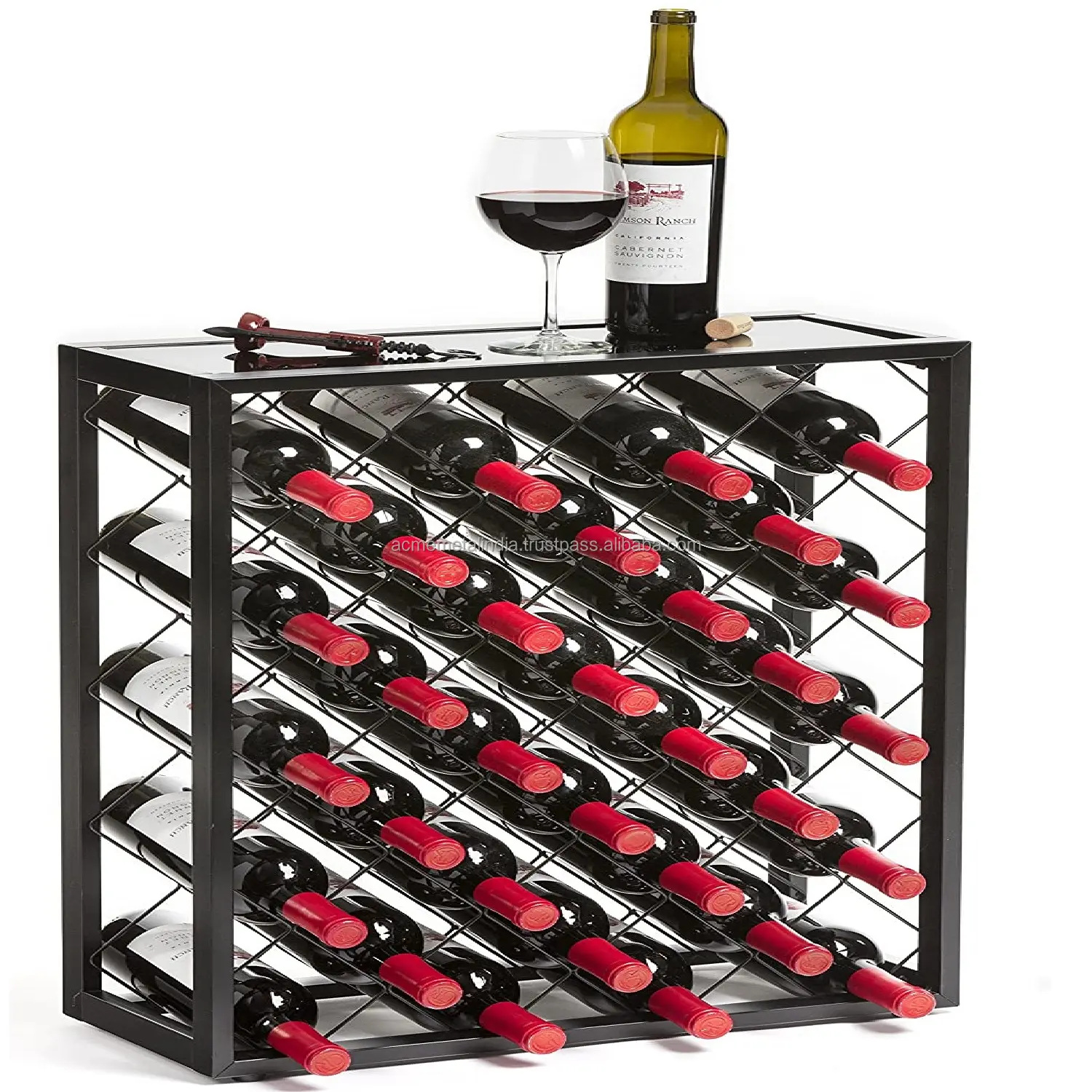 Mango Steam 32 Bottles Holding Wine Rack With Glass Table Top Black Color Metal Display Bear Bottles Stacking Wine Rack Holder