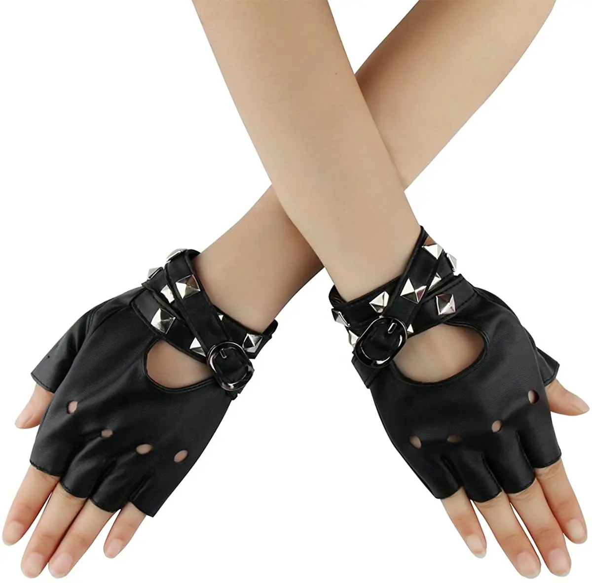 Guantes góticos de medio dedo para Cosplay, remaches de disfraz con tachuelas para motorista, accesorio de cuero sin dedos para conducir
